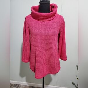 Ruby Rd Pink Cowl Neck Sweater Tunic M Cozy Textured Knit Button Shoulder Tunic